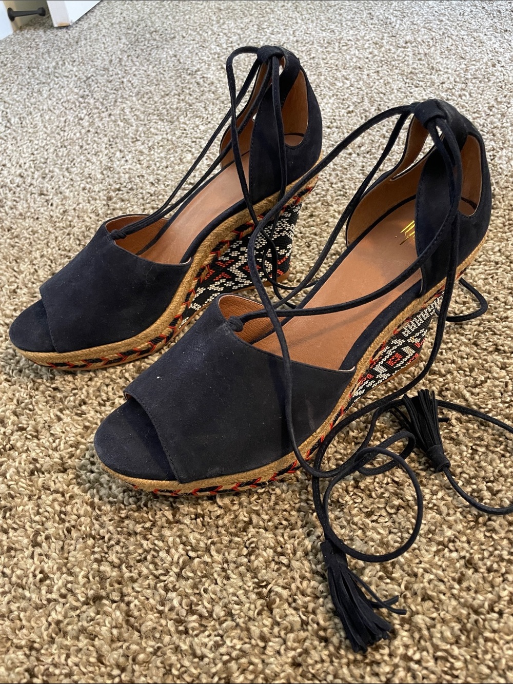 CAbi Isla Blue Suede Lace-Up Espadrille Wedge Sandals